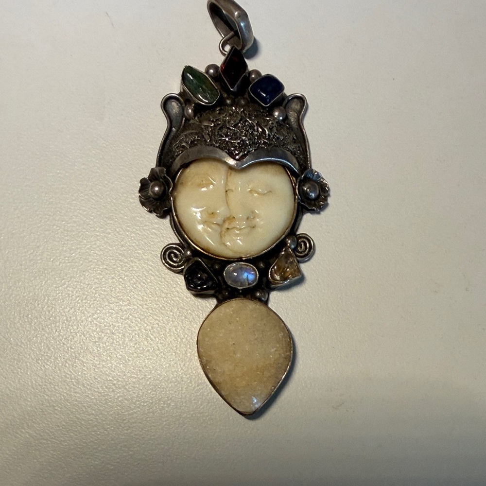 Handmade Moon Face Pendant Necklace in Ivory and Druzy with Multicolor Stones